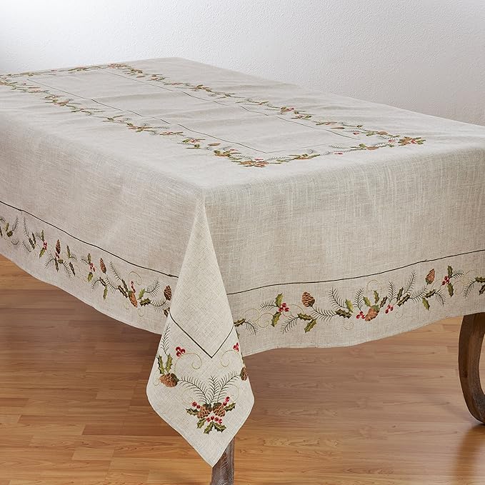 SARO LIFESTYLE 1851.N67104B Joyeuses Fêtes Collection Holiday Tablecloth With Embroidered Pinecone And Holly Design 67" x ...