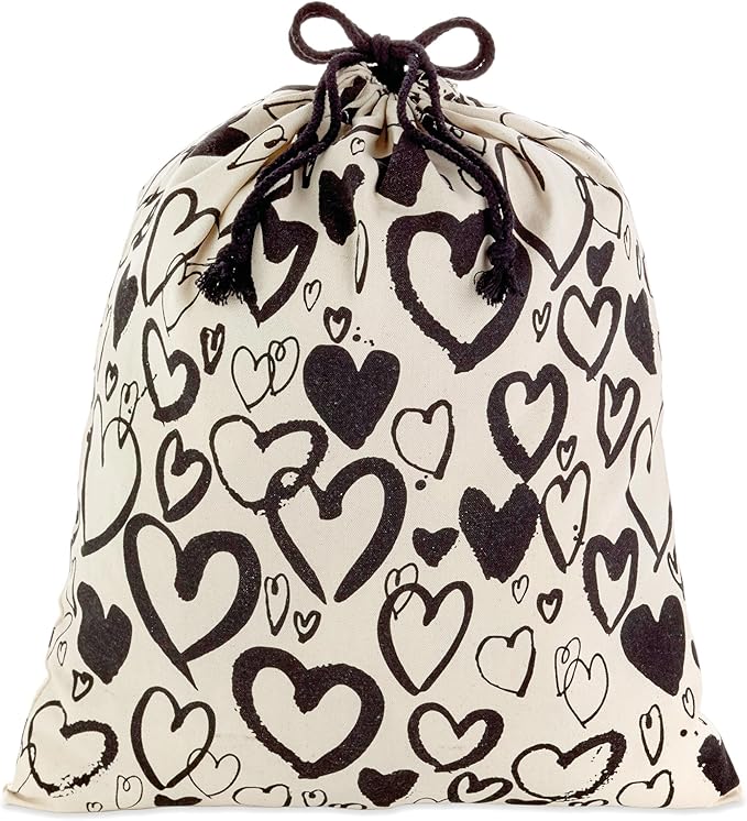 Hallmark 19" Large Canvas Bag with Drawstring (Ivory with Black Hearts) for Valentine's Day, Weddings, Bridal Showers, Ann...