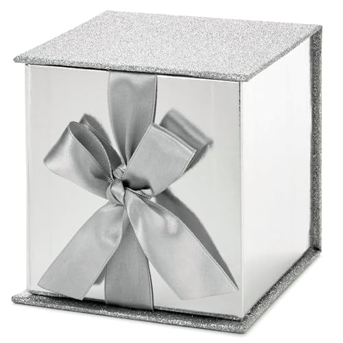 Hallmark Small Gift Box with Bow and Shredded Paper Fill (Silver Signature 4 inch Gift Box with Glitter) for Weddings, Gra...