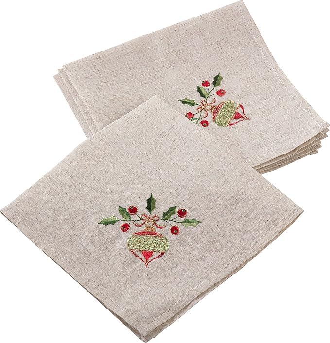 Saro Lifestyle Embroidered Ornament Design Linen Blend Napkin (Set of 4), Natural, 20"