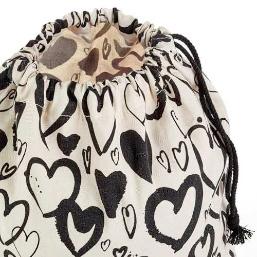 Hallmark 19" Large Canvas Bag with Drawstring (Ivory with Black Hearts) for Valentine's Day, Weddings, Bridal Showers, Ann...