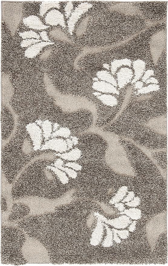SAFAVIEH Florida Shag Collection Accent Rug - 2'3" x 4', Smoke & Beige, Floral Design, Non-Shedding & Easy Care, 1.2-inch ...