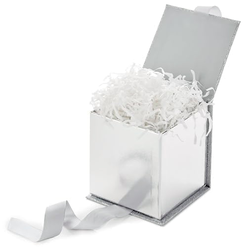 Hallmark Small Gift Box with Bow and Shredded Paper Fill (Silver Signature 4 inch Gift Box with Glitter) for Weddings, Gra...