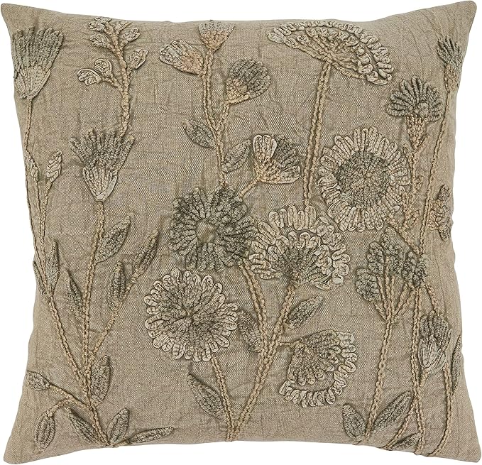 SARO LIFESTYLE Genevieve Collection Stone Washed Floral Pillow Cover, 20", Taupe