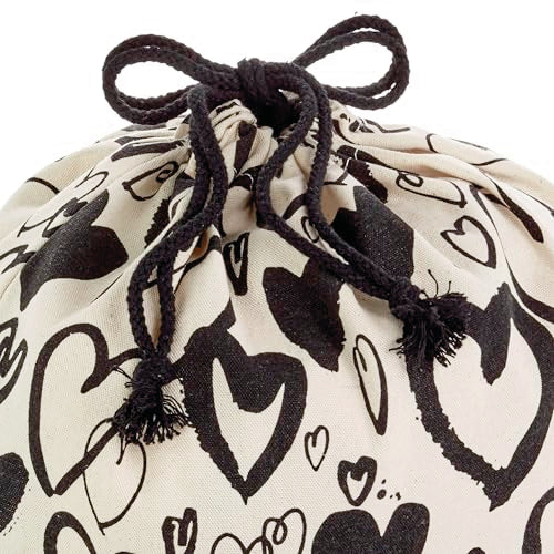 Hallmark 19" Large Canvas Bag with Drawstring (Ivory with Black Hearts) for Valentine's Day, Weddings, Bridal Showers, Ann...