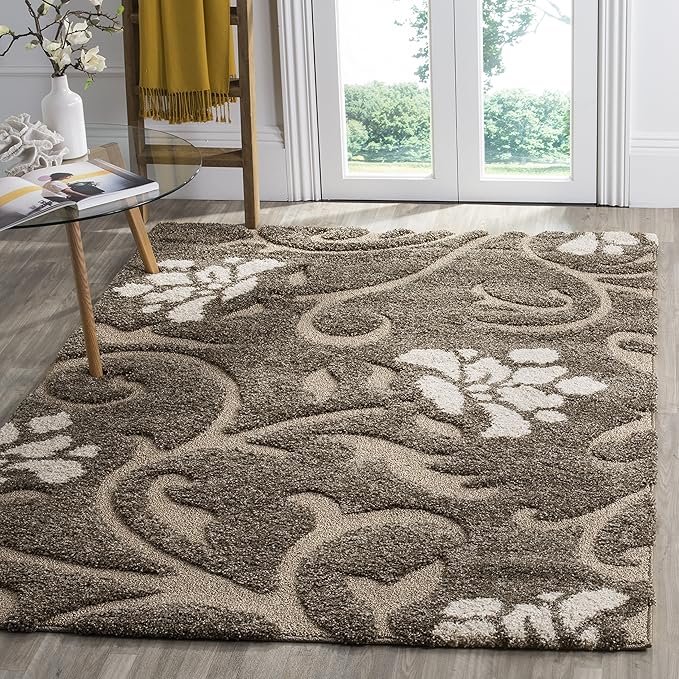 SAFAVIEH Florida Shag Collection Area Rug - 6' x 9', Smoke & Beige, Floral Design, Non-Shedding & Easy Care, 1.2-inch Thic...