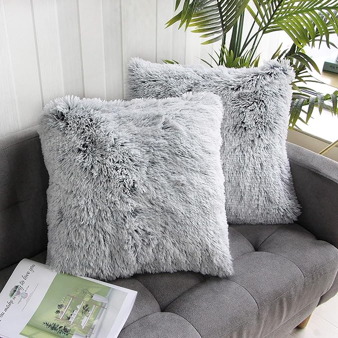 Uhomy 2 Packs Fluffy Accent Pillows Cover 20"x20", Soft Gray Ombre Faux Fur Throw Pillow Case, Modern Luxury Decorative Sq...