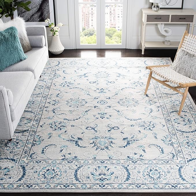 SAFAVIEH Brentwood Collection Area Rug - 9' x 12', Light Grey & Blue, Oriental Floral Scroll Design, Non-Shedding & Easy C...