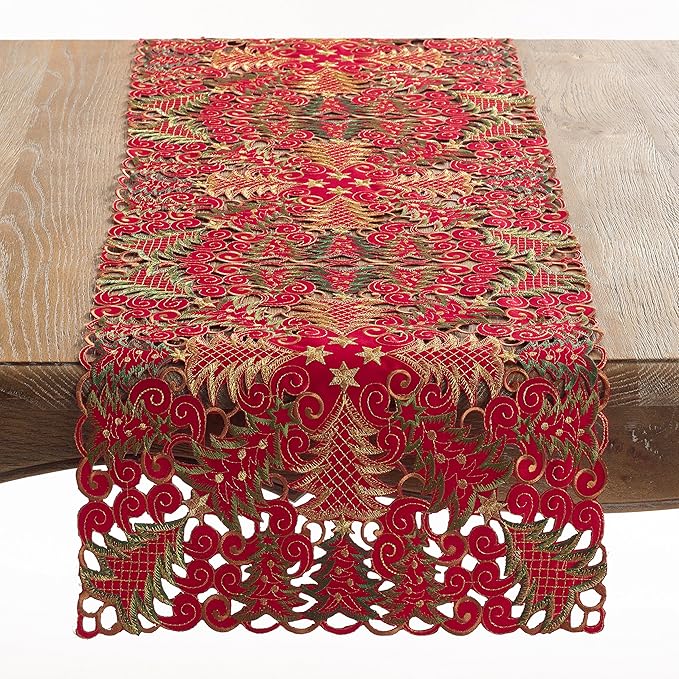 SARO LIFESTYLE QX296.R1654B Panettone Collection Christmas Tree Cutwork Table Runner, 16" x 54", Red