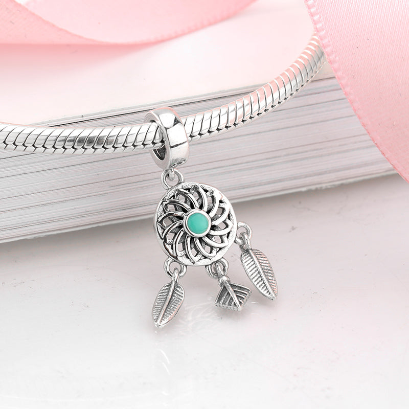 S925 Sterling Silver Dreamcatcher Dangle Charm Hollow Flower Feather Tassel Pendant Bead For DIY Charm Bracelet Necklace Jewelry Making Gift