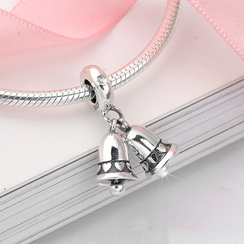 S925 Sterling Silver Christmas Heart Bell Dangle Charm Holiday Pendant Bead For DIY Charm Bracelet Necklace Jewelry Making Gift