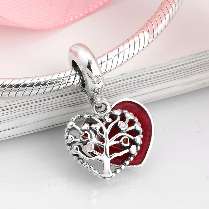 S925 Sterling Silver Red Tree Of Life Dangle Charm Hollow Enamel Pendant Bead For DIY Charm Bracelet Necklace Jewelry Making Gift