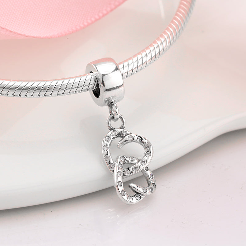 S925 Sterling Silver Double Heart Infinity Dangle Charm Sparkling Love Pendant Bead For DIY Charm Bracelet Necklace Jewelry Making Gift