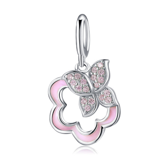 S925 Sterling Silver Sakura Flower Dangle Charm Pink Enamel Butterfly Pendant Bead For DIY Charm Bracelet Necklace Jewelry Making Gift