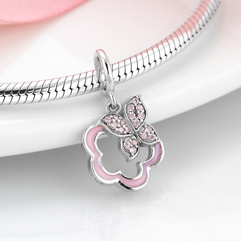 S925 Sterling Silver Sakura Flower Dangle Charm Pink Enamel Butterfly Pendant Bead For DIY Charm Bracelet Necklace Jewelry Making Gift