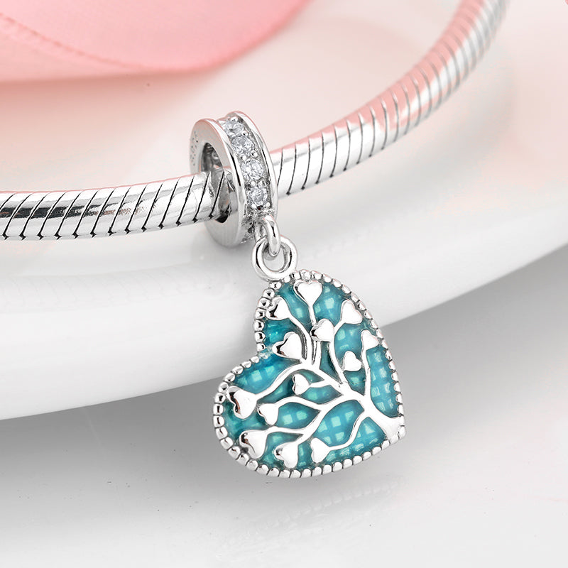S925 Sterling Silver Tree Of Life Heart Dangle Charm Blue Enamel Pendant Bead For DIY Charm Bracelet Necklace Jewelry Making Gift