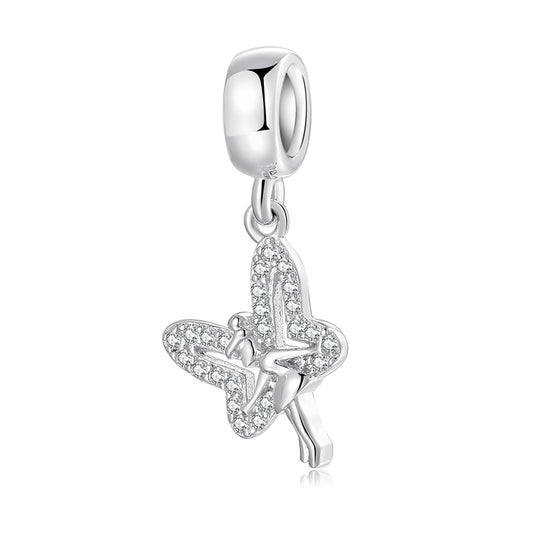 S925 Sterling Silver Butterfly Fairy Dangle Charm Sparkling Pendant Bead For DIY Charm Bracelet Necklace Jewelry Making Gift