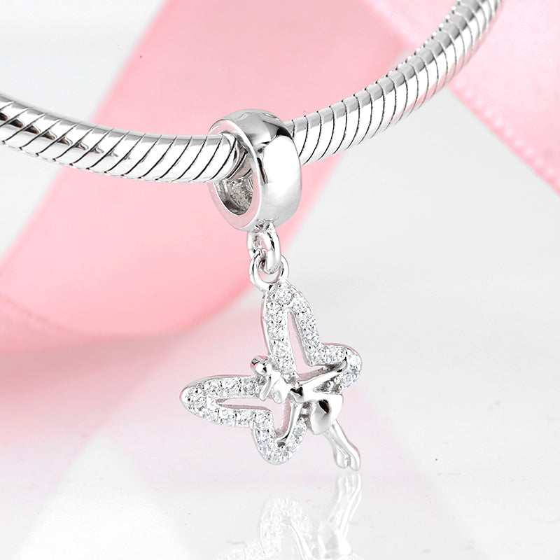 S925 Sterling Silver Butterfly Fairy Dangle Charm Sparkling Pendant Bead For DIY Charm Bracelet Necklace Jewelry Making Gift