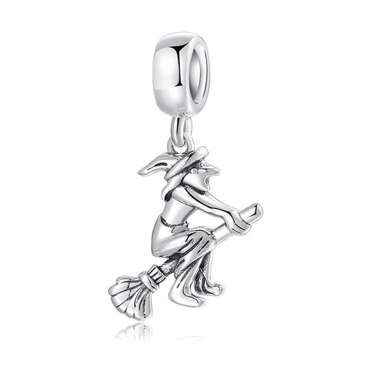 S925 Sterling Silver Witch On Broom Dangle Charm Halloween Pendant Bead For DIY Charm Bracelet Necklace Jewelry Making Gift