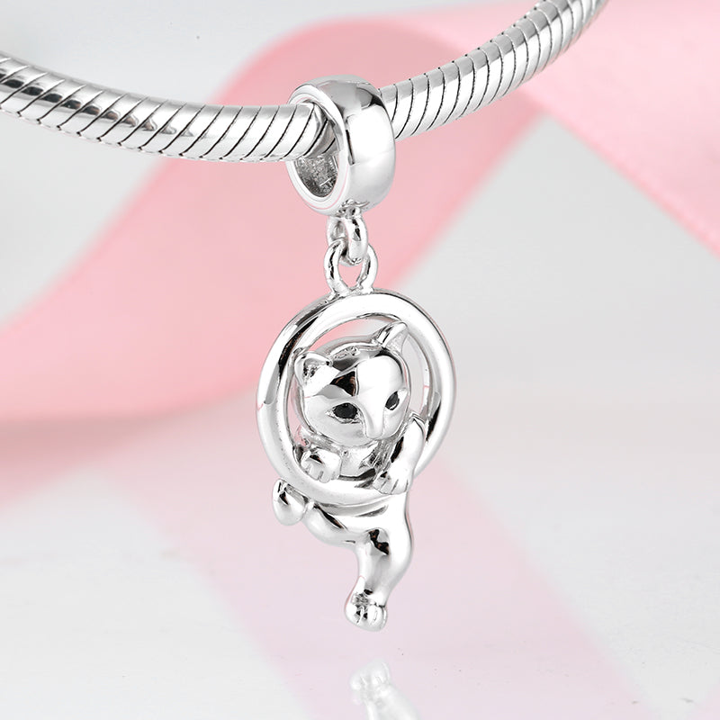 S925 Sterling Silver Cat Dangle Charm Cute Animal Pendant Bead For DIY Charm Bracelet Necklace Jewelry Making Gift