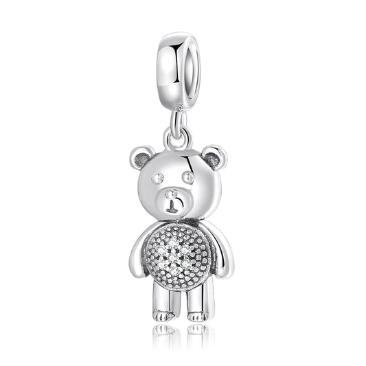 S925 Sterling Silver Teddy Bear Dangle Charm Sparkling Animal Pendant Bead For DIY Charm Bracelet Necklace Jewelry Making Gift