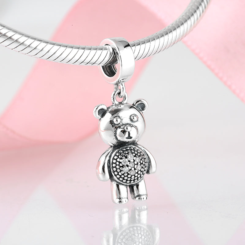 S925 Sterling Silver Teddy Bear Dangle Charm Sparkling Animal Pendant Bead For DIY Charm Bracelet Necklace Jewelry Making Gift