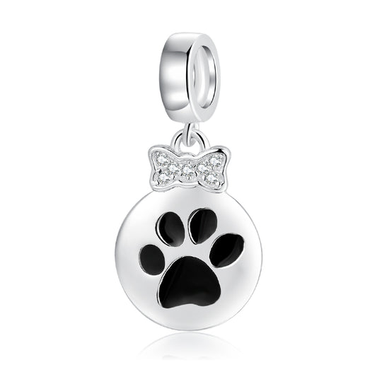 S925 Sterling Silver Cat Paw Bow Dangle Charm Sparkling Pet Pendant Bead For DIY Charm Bracelet Necklace Jewelry Making Gift
