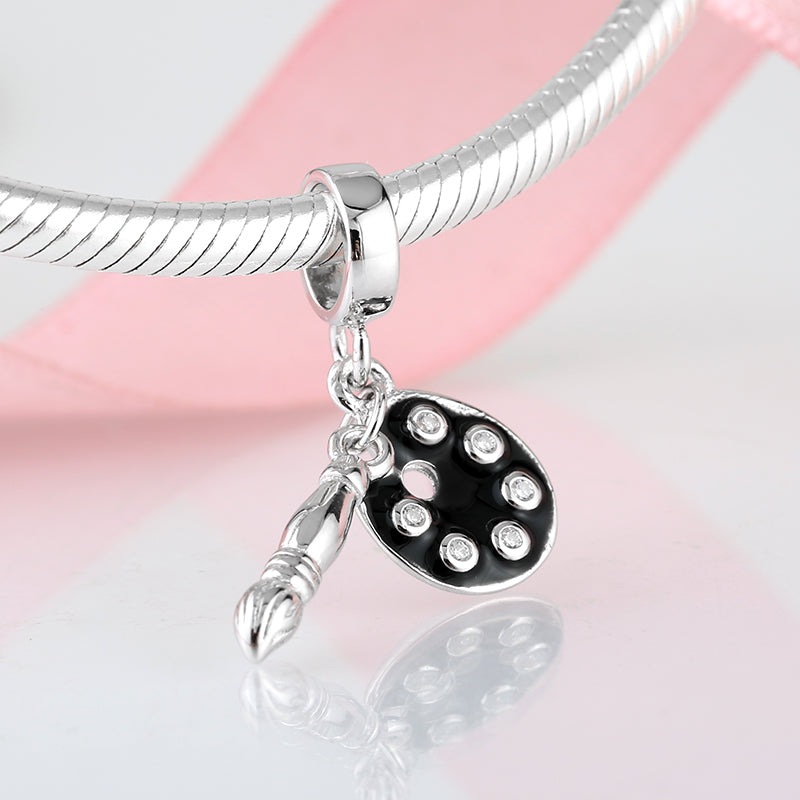 S925 Sterling Silver Artist Palette Paintbrush Dangle Charm Creative Pendant Bead For DIY Charm Bracelet Necklace Jewelry Making Gift