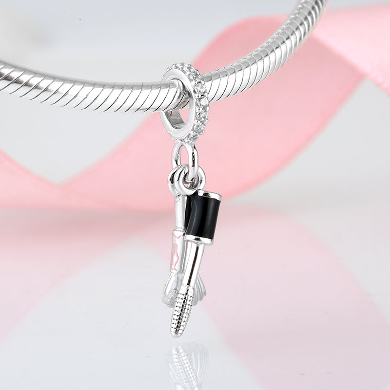 S925 Sterling Silver Makeup Brush Mascara Dangle Charm Beauty Pendant Bead For DIY Charm Bracelet Necklace Jewelry Making Gift