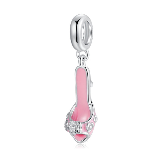 S925 Sterling Silver Pink High Heel Dangle Charm Elegant Shoe Pendant Bead For DIY Charm Bracelet Necklace Jewelry Making Gift