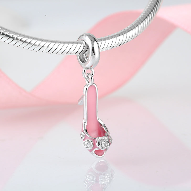 S925 Sterling Silver Pink High Heel Dangle Charm Elegant Shoe Pendant Bead For DIY Charm Bracelet Necklace Jewelry Making Gift