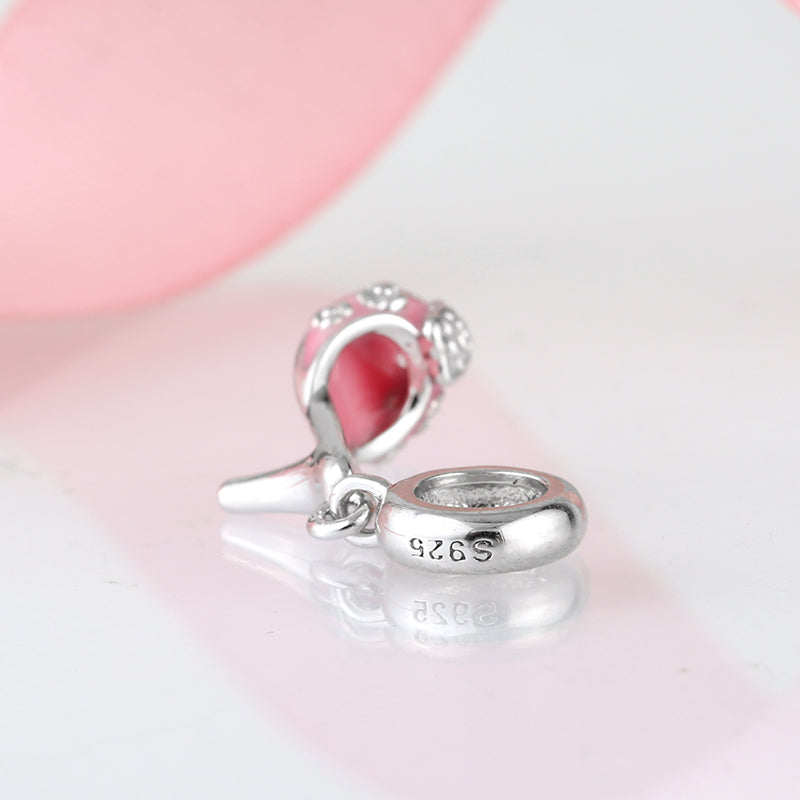 S925 Sterling Silver Pink High Heel Dangle Charm Elegant Shoe Pendant Bead For DIY Charm Bracelet Necklace Jewelry Making Gift