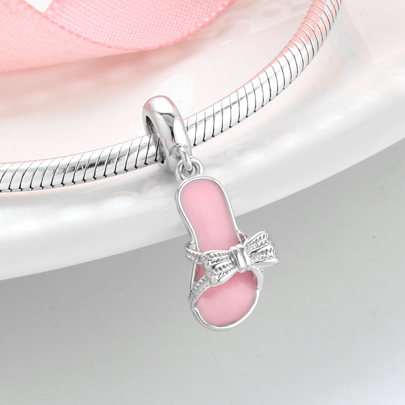 S925 Sterling Silver Pink Bow Slipper Dangle Charm Cute Sandal Pendant Bead For DIY Charm Bracelet Necklace Jewelry Making Gift