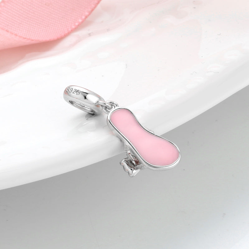 S925 Sterling Silver Pink Bow Slipper Dangle Charm Cute Sandal Pendant Bead For DIY Charm Bracelet Necklace Jewelry Making Gift
