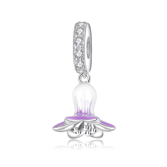S925 Sterling Silver Purple White Orchid Flower Dangle Charm Floral Pendant Bead For DIY Charm Bracelet Necklace Jewelry Making Gift