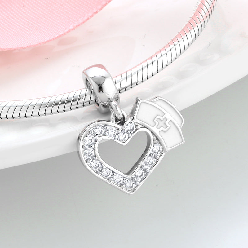 S925 Sterling Silver Nurse Hat Heart Dangle Charm Sparkling Medical Pendant Bead For DIY Charm Bracelet Necklace Jewelry Making Gift