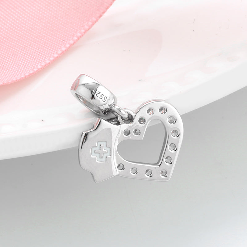S925 Sterling Silver Nurse Hat Heart Dangle Charm Sparkling Medical Pendant Bead For DIY Charm Bracelet Necklace Jewelry Making Gift