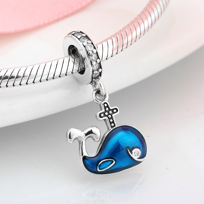 S925 Sterling Silver Whale Dangle Charm Blue Enamel Ocean Pendant Bead For DIY Charm Bracelet Necklace Jewelry Making Gift