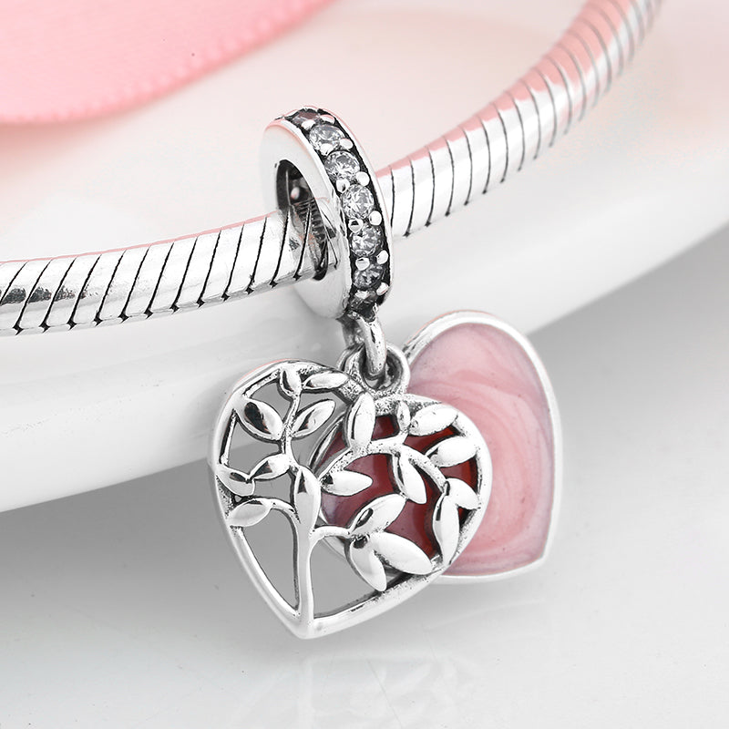S925 Sterling Silver Pink Tree Of Life Heart Dangle Charm Pendant Bead For DIY Charm Bracelet Necklace Jewelry Making Gift
