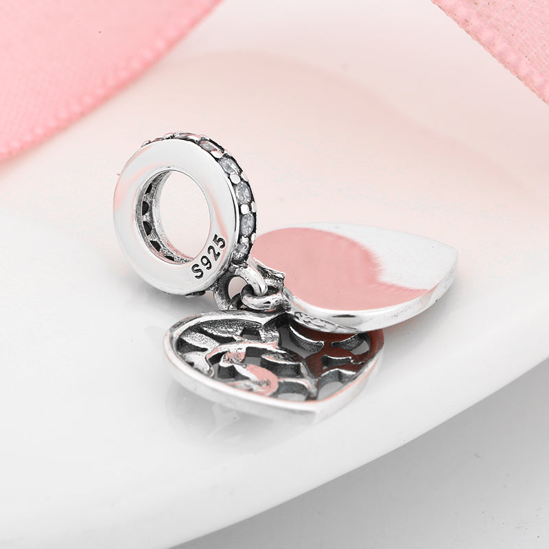 S925 Sterling Silver Pink Tree Of Life Heart Dangle Charm Pendant Bead For DIY Charm Bracelet Necklace Jewelry Making Gift