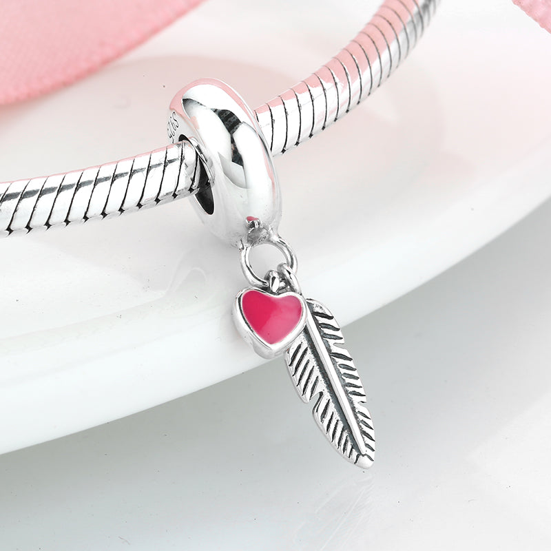 S925 Sterling Silver Feather Heart Dangle Charm Romantic Love Pendant Bead For DIY Charm Bracelet Necklace Jewelry Making Gift