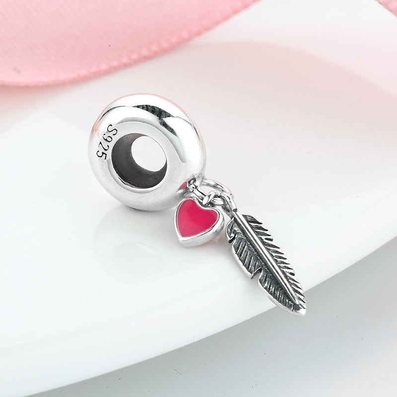 S925 Sterling Silver Feather Heart Dangle Charm Romantic Love Pendant Bead For DIY Charm Bracelet Necklace Jewelry Making Gift