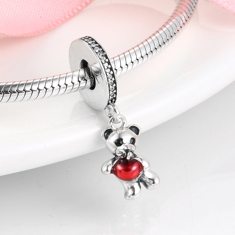 S925 Sterling Silver Apple Teddy Bear Dangle Charm Enamel Cute Animal Pendant Bead For DIY Charm Bracelet Necklace Jewelry Making Gift