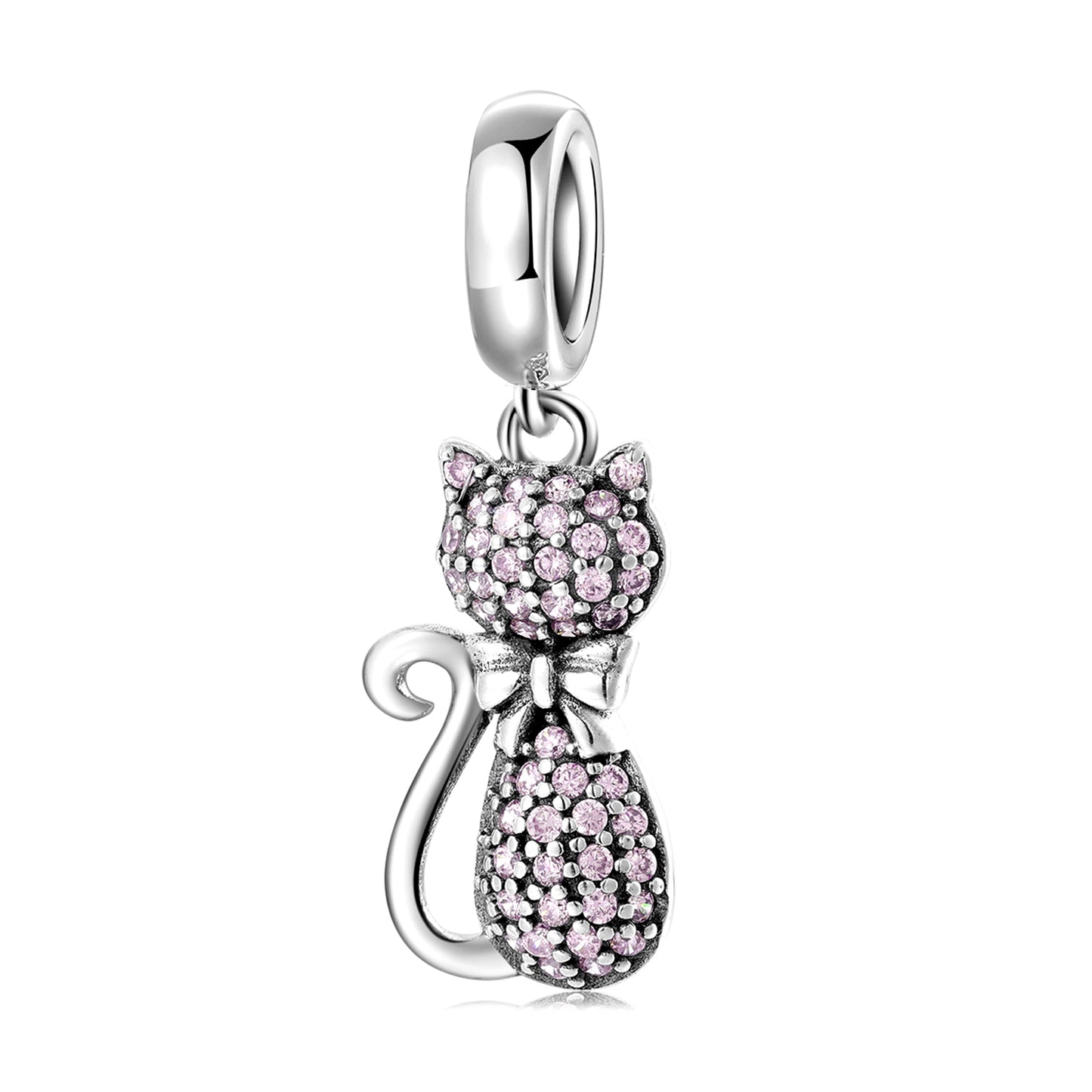 S925 Sterling Silver Cat Dangle Charm With Sparkling Pendant Bead Cute Fashionable DIY Charm Bracelet Necklace Jewelry Gift