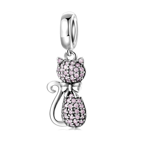 S925 Sterling Silver Cat Dangle Charm With Sparkling Pendant Bead Cute Fashionable DIY Charm Bracelet Necklace Jewelry Gift