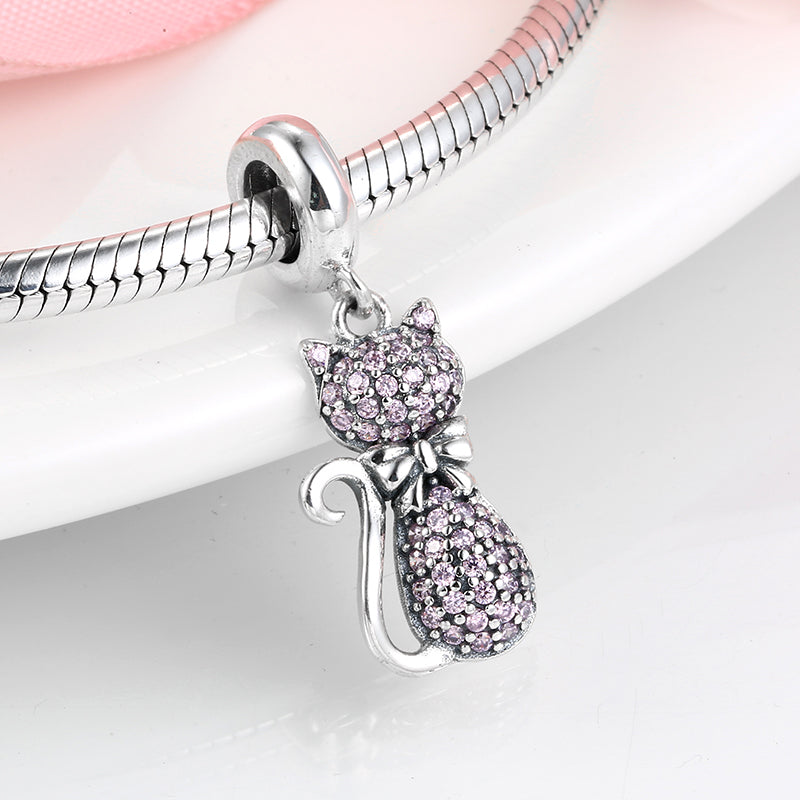 S925 Sterling Silver Cat Dangle Charm With Sparkling Pendant Bead Cute Fashionable DIY Charm Bracelet Necklace Jewelry Gift
