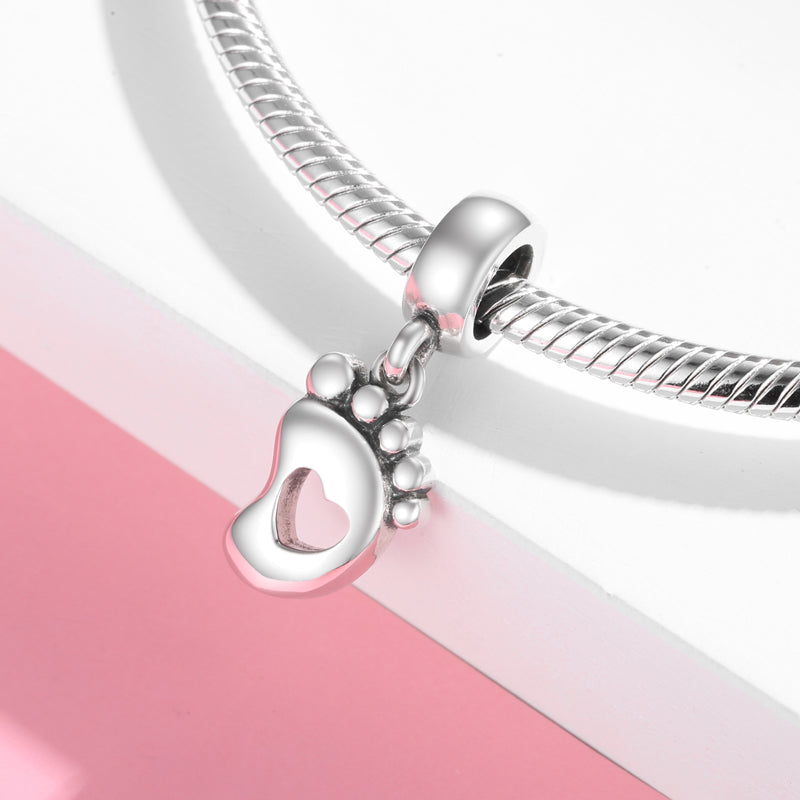 S925 Sterling Silver Baby Foot Dangle Charm Hollow Heart Pendant Bead For DIY Charm Bracelet Necklace Jewelry Gift