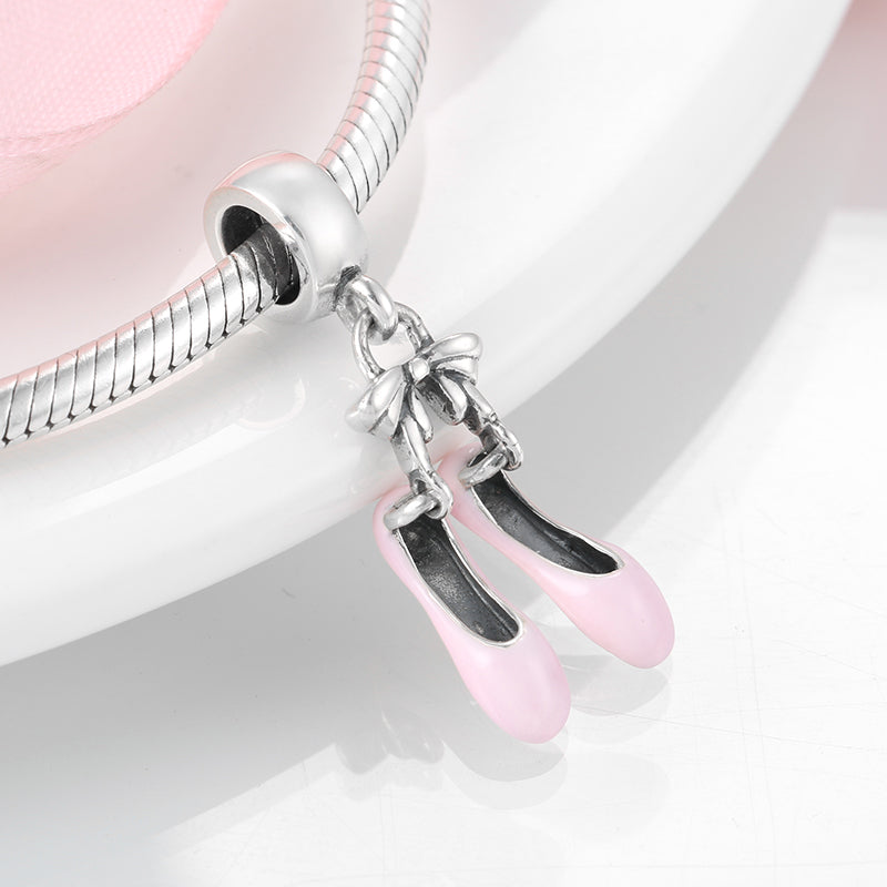 S925 Sterling Silver Ballet Shoes Dangle Charm Pink Elegant Pendant Bead For DIY Charm Bracelet Necklace Jewelry Gift