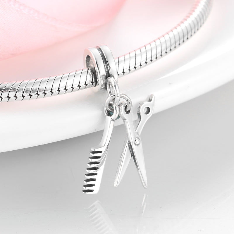 S925 Sterling Silver Scissors And Comb Dangle Charm Minimalist Pendant Bead For DIY Charm Bracelet Necklace Jewelry Gift
