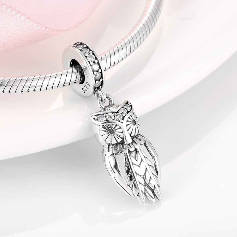 S925 Sterling Silver Owl Dangle Charm Cute Fashion Pendant Bead For DIY Charm Bracelet Necklace Jewelry Gift